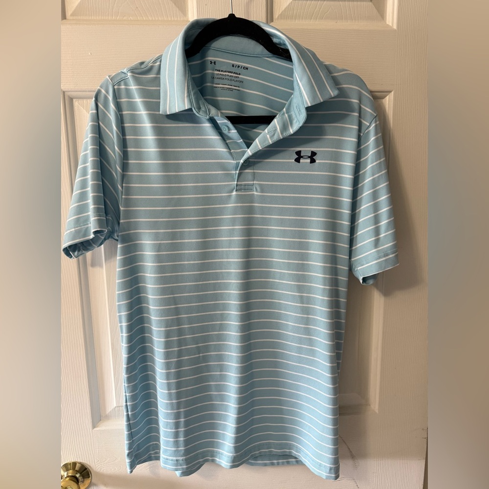 Men’s Under Armour Tech Polo. Light blue/white striped. Size small.